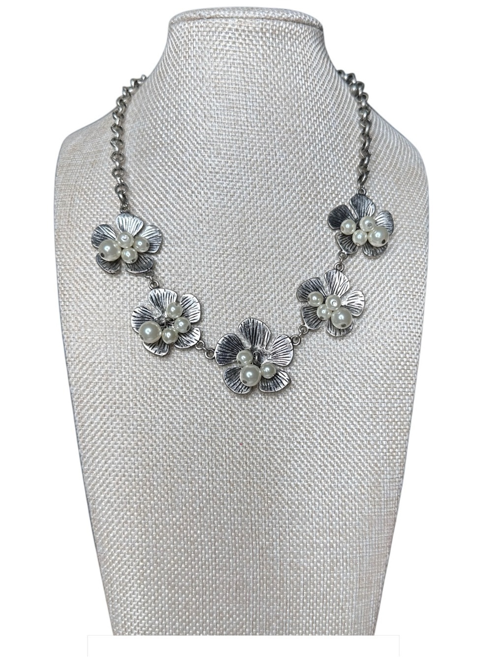 Silver Floral Pearl Cluster Necklace - Women Jewelry